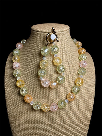 MULTI COLORED CRACKED GLASS BEADED NECKLACE & BRACELET SET