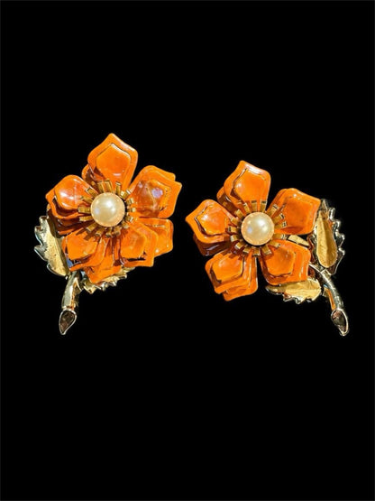 VINTAGE ORANGE FLORAL  EARRINGS