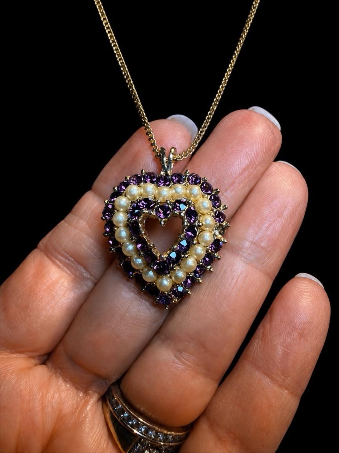 VINTAGE PEARL & RHINESTONE HEART NECKLACE
