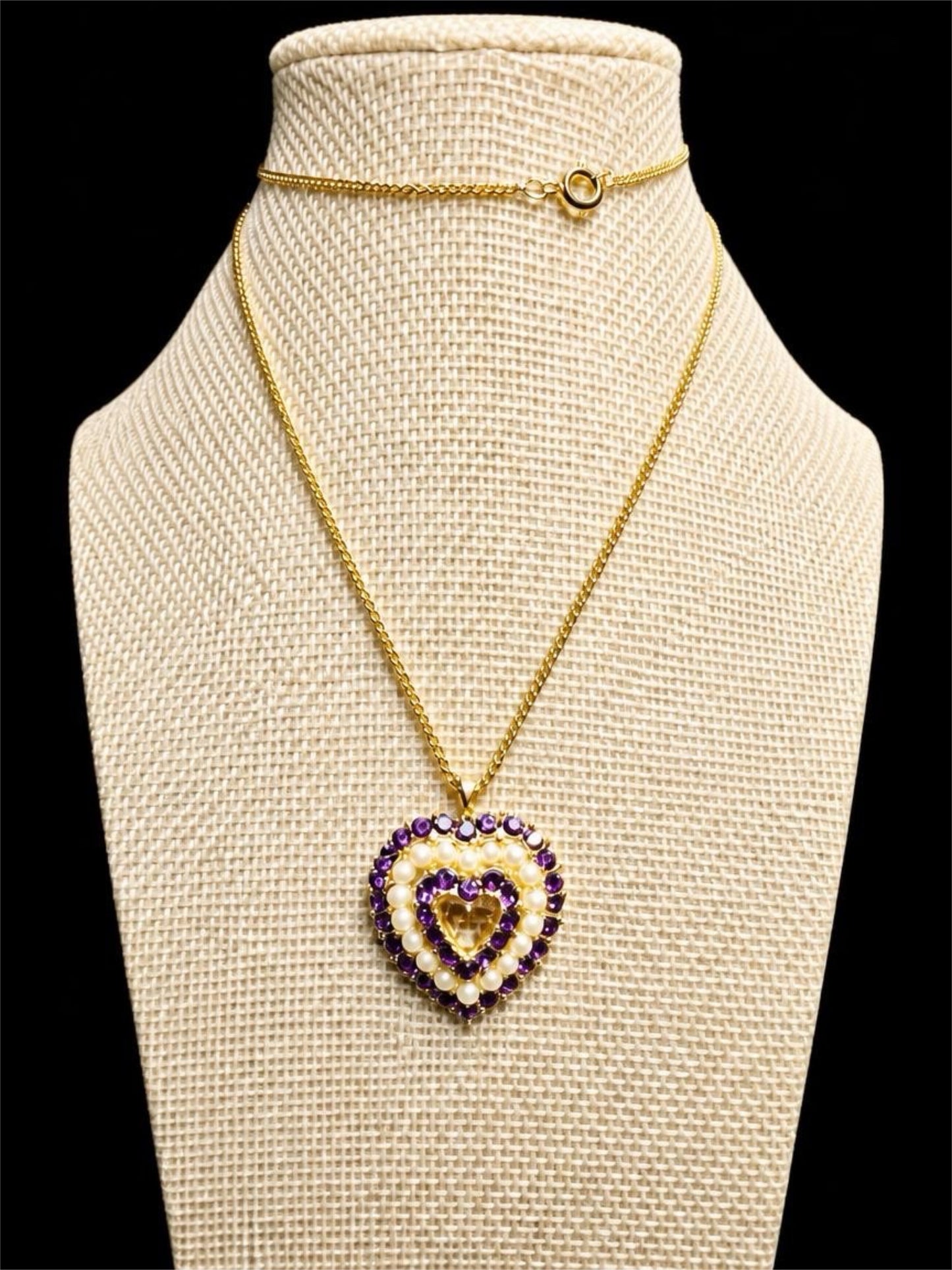 VINTAGE PEARL & RHINESTONE HEART NECKLACE