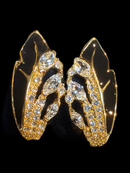 TRIFARI RHINESTONE & BLACK ENAMEL EARRINGS