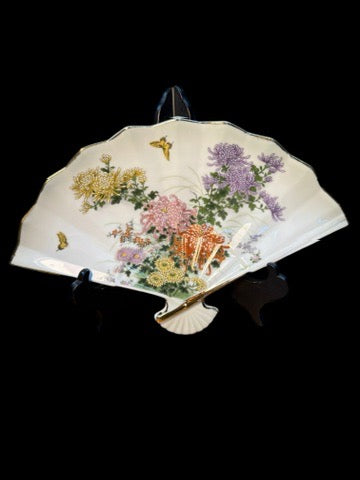 VINTAGE JAPANESE MIDORI KIKU PORCELAIN FAN DISH