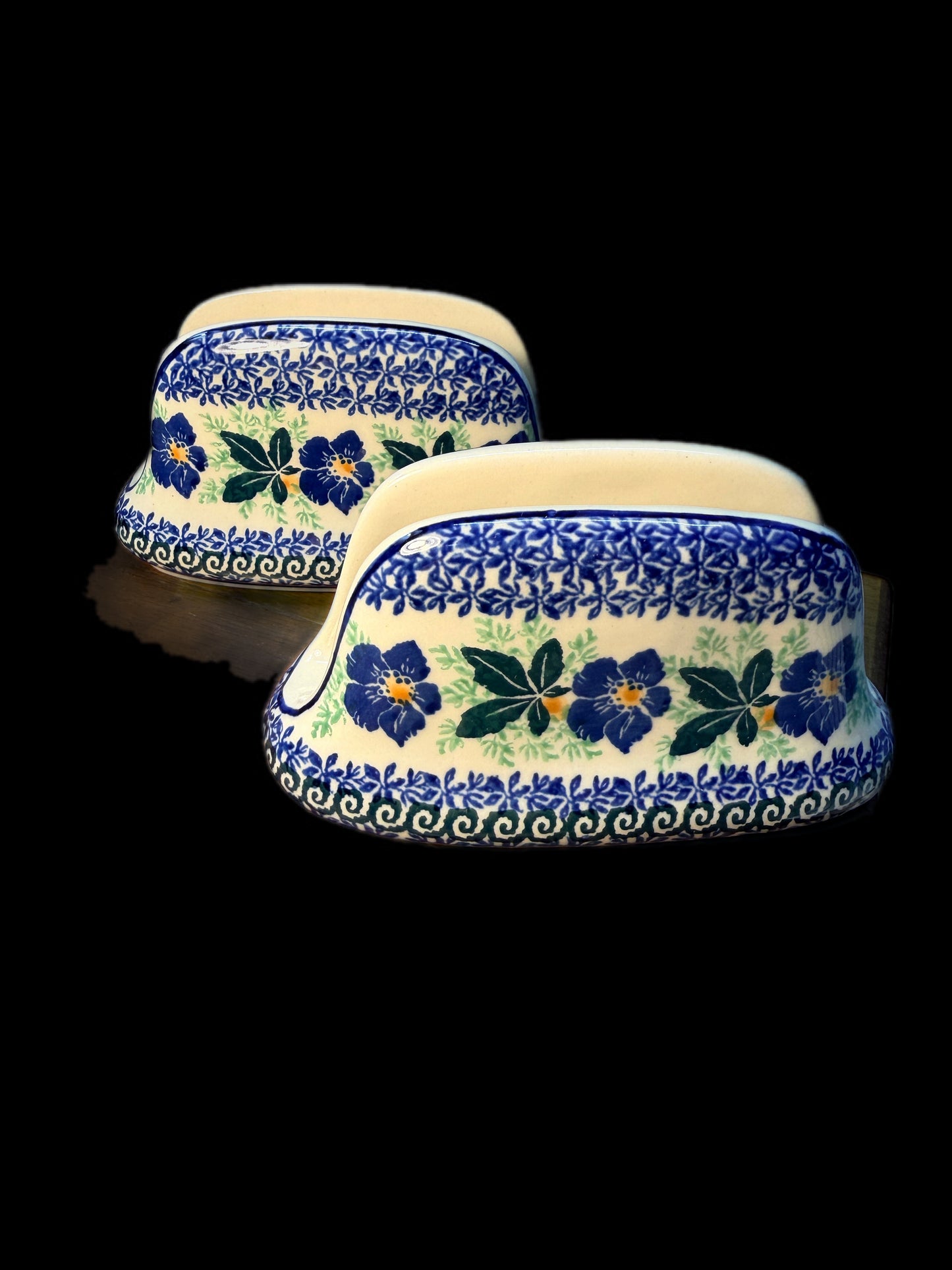 TWO BLUE ROSE POLISH POTTERY NAPKIN HOLDERS