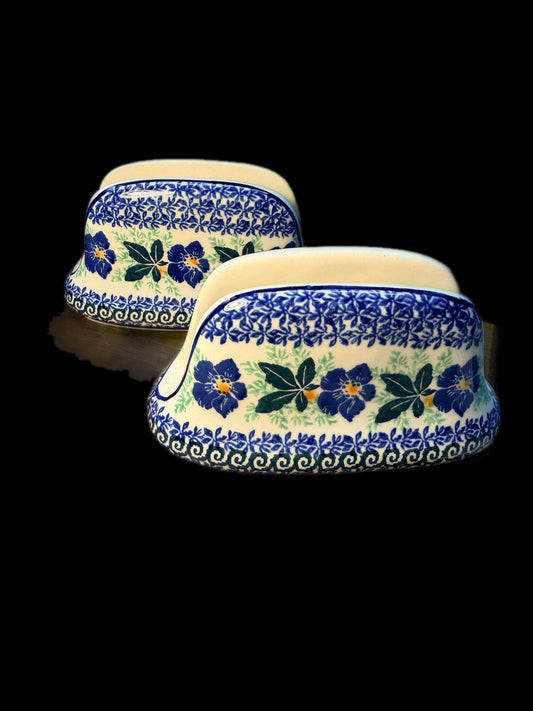 TWO BLUE ROSE POLISH POTTERY NAPKIN HOLDERS