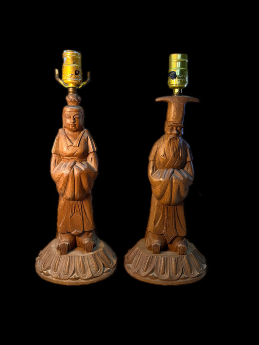 VINTAGE ASIAN THEMED HAND CARVED WOOD LAMPS