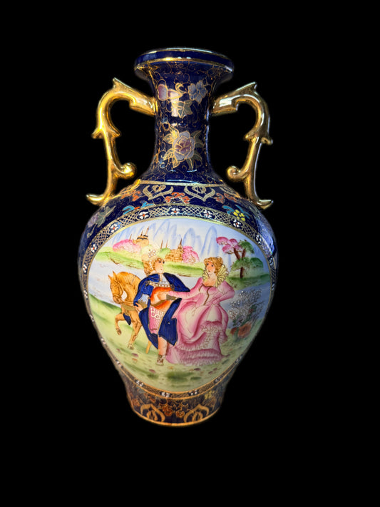 LARGE VINTAGE COBALT FRENCH COURTING VICTORIAN URN