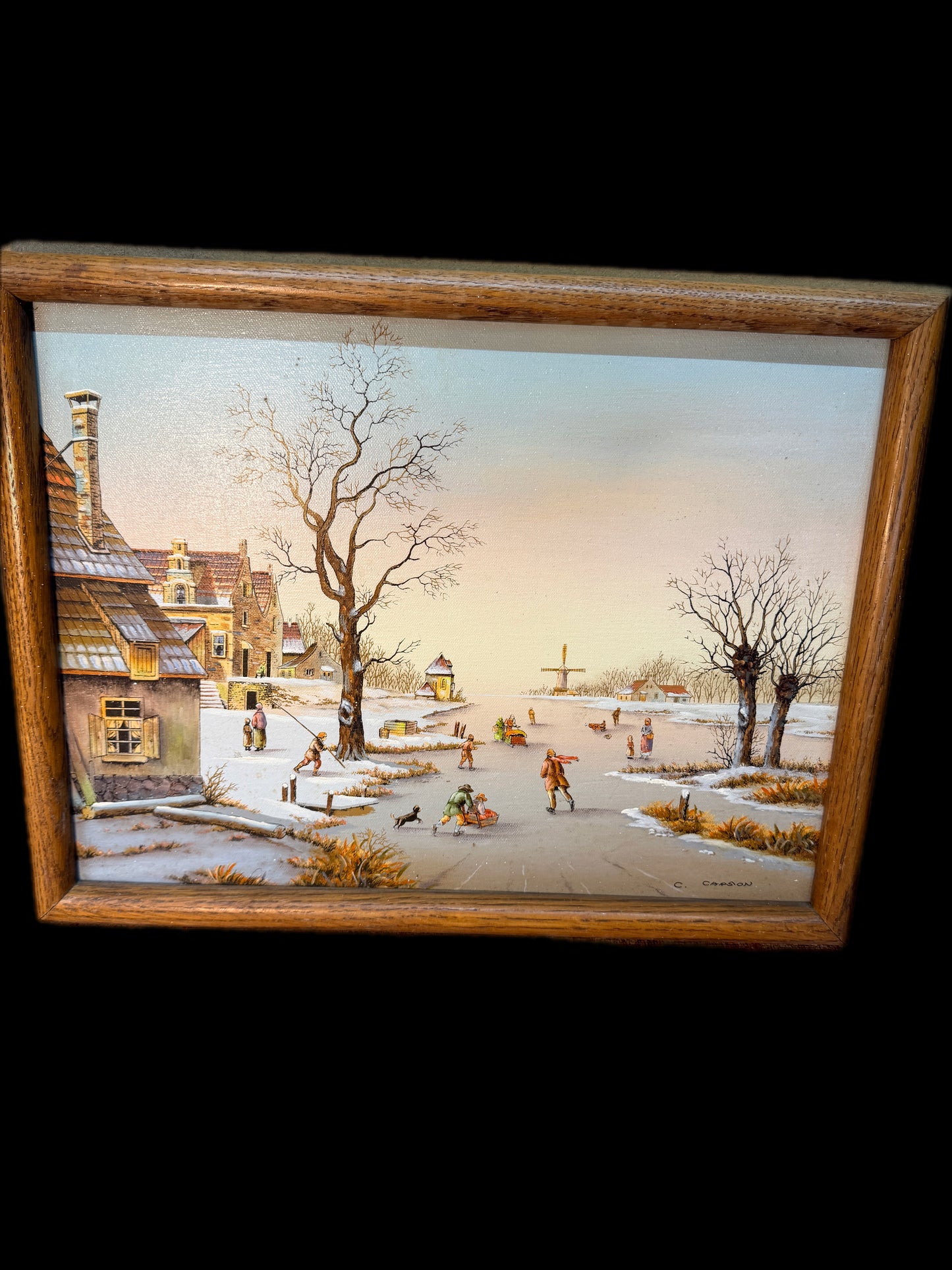 SIGNED C. CARSON OIL DUTCH ICE SKATING SCENE