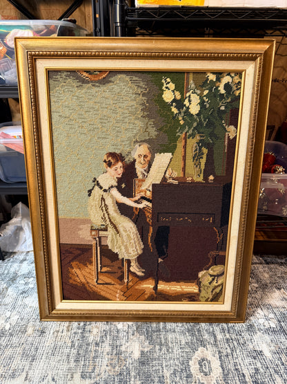 VINTAGE NEEDLEPOINT TAPESTRY "THE MUSIC LESSON"