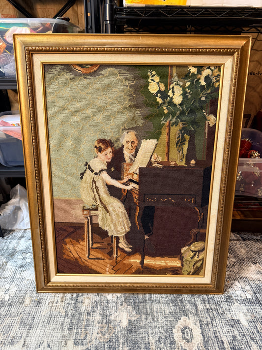 VINTAGE NEEDLEPOINT TAPESTRY "THE MUSIC LESSON"