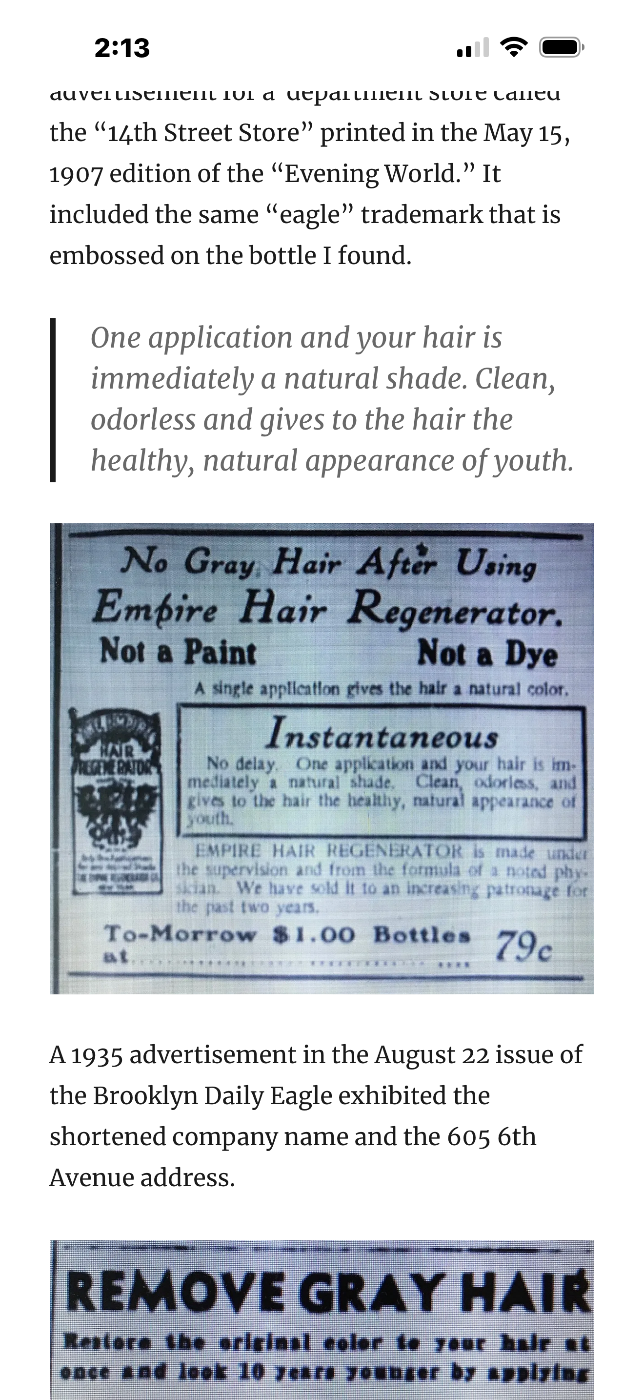 1907 THE EMPIRE HAIR REGENERATOR NY BOTTLE